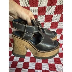London Underground 7 Womens Black Leather Platform Wooden Chunky Heel Vintage